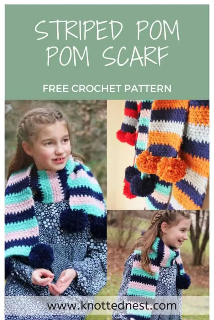 Striped Pom Pom crochet scarf for kids. Free Pattern