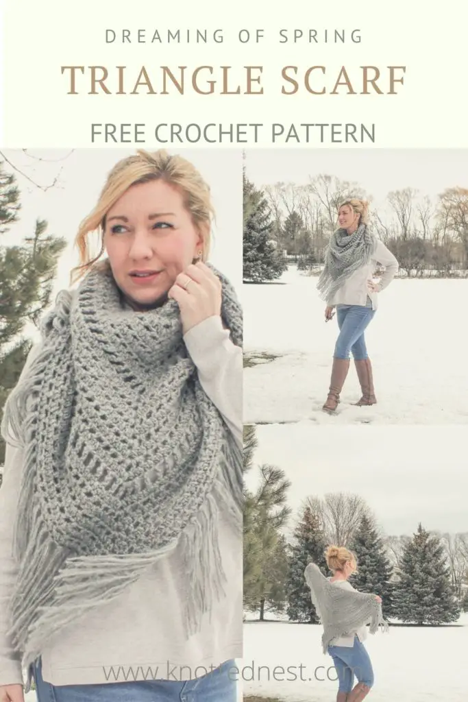 Free crochet pattern for an easy, airy triangle scarf that can also be worn as a wrap or a shawl. Made with soft, fuzzy Red Heart Dreamy yarn and trimmed with fringe to give it a boho feel.