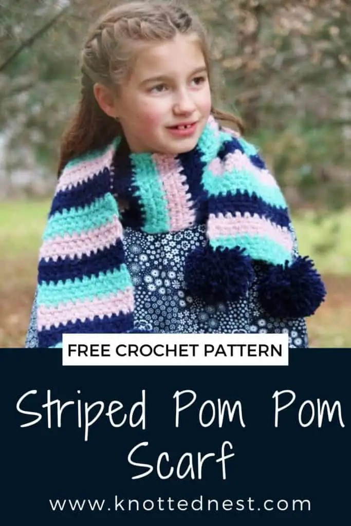Striped Pom Pom scarf free crochet patterns kids sized
