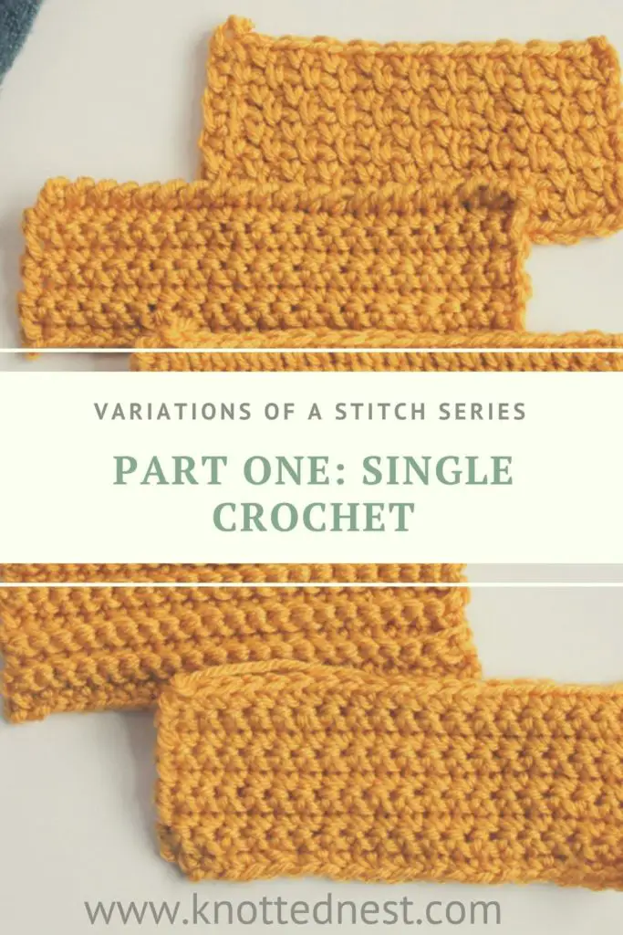 Variations of single crochet stitch. How to single crochet, back loop only, reverse single crochet, waistcoat stitch, and moss stitch.