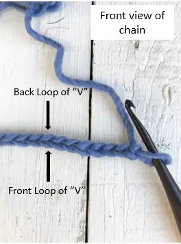 The front view of the chain shows a "v" composed of a front loop and back loop.