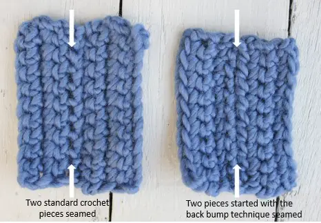 Comparing seamed edges using standard starting methods versus crocheting in the back bump.