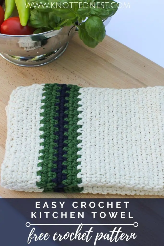 Pin image for crochet kitchen towel pattern.