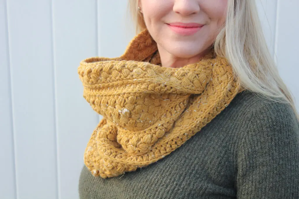 Mustard puff crochet infinity scarf