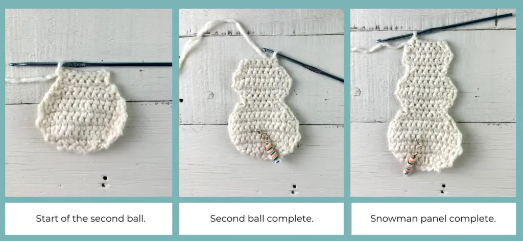 Illustration of the crochet snowman panel at different stages.