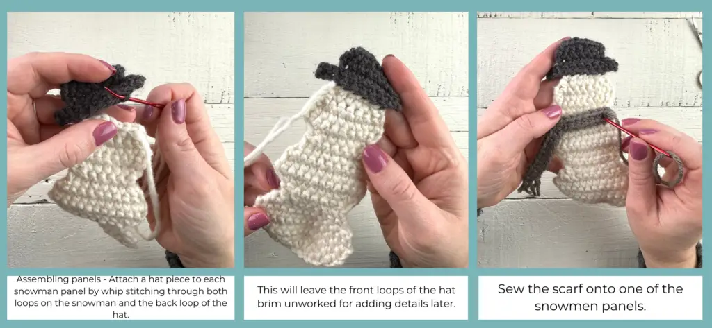 Photo tutorial assembling the crochet snowman panel and accessories.