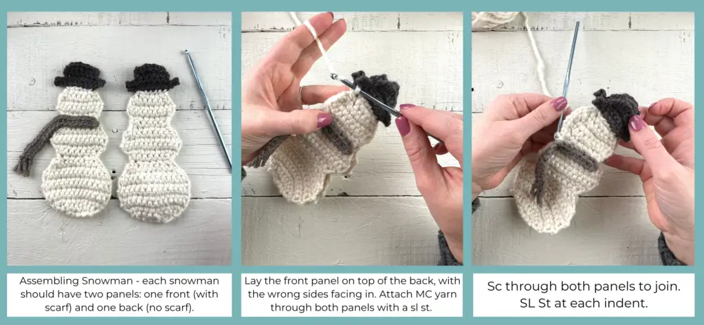 Assembling the crochet snowman step by step pictures.